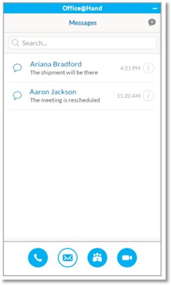 When you select the SMS tab in the AT&T Office@Hand for Skype for Business app, you will see the conversations, with new messages highlighted in blue.