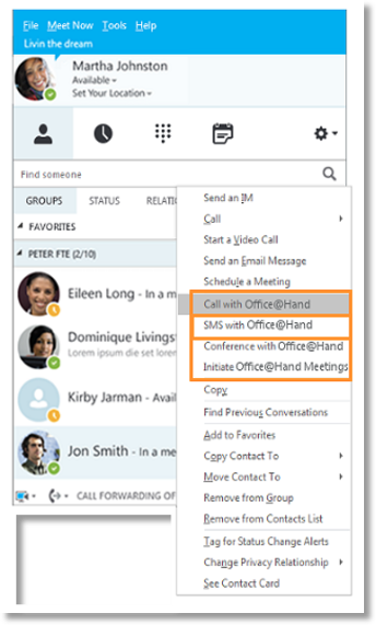 right-click on a Skype for Business contact and select SMS with Office@Hand, the contact’s phone numbers saved in Office@Hand and Skype for Business will be populated in the drop-down