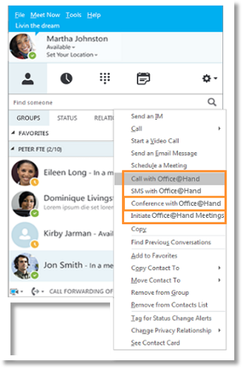  right-click on a Skype for Business contact and select Conference with Office@Hand