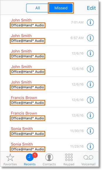 Office@Hand calls will be listed in the iOS device's native call log when Integrated Calling is enabled.