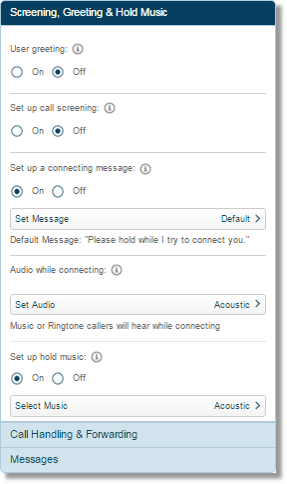 Click Screening, Greeting and Hold Music, and configure to your preferred settings.