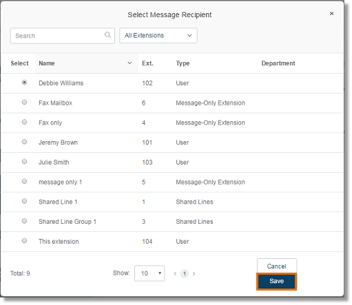 Click the radio button of the extension where the voicemail messages will be saved and then, click Save.
