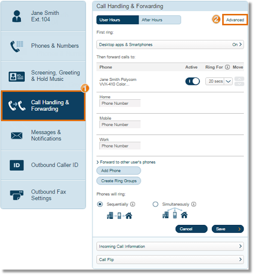 Click Call Handling and Forwarding > Advanced.
