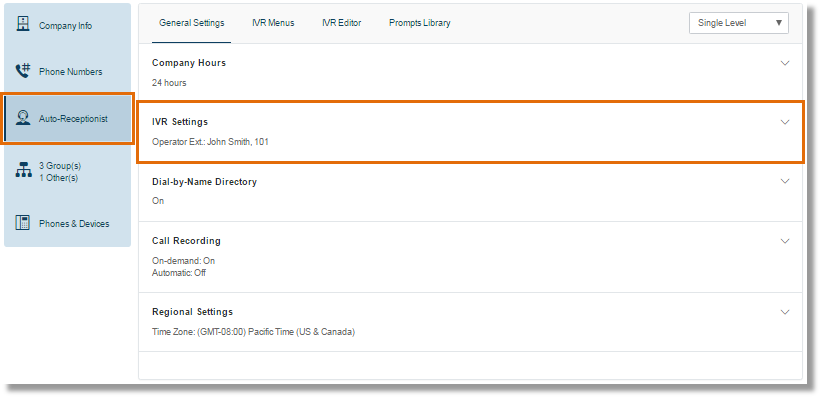 Click Auto-Receptionist, and then IR Settings.