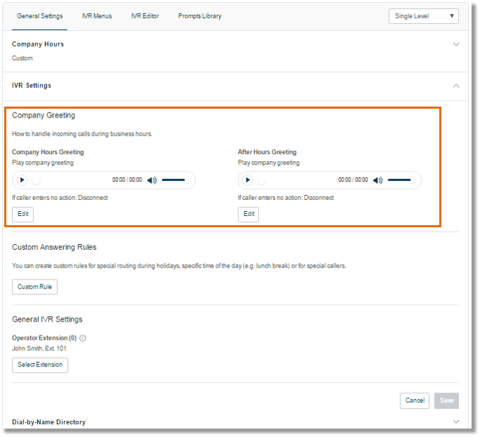 Select Company Hours or After Hours, and then click Edit