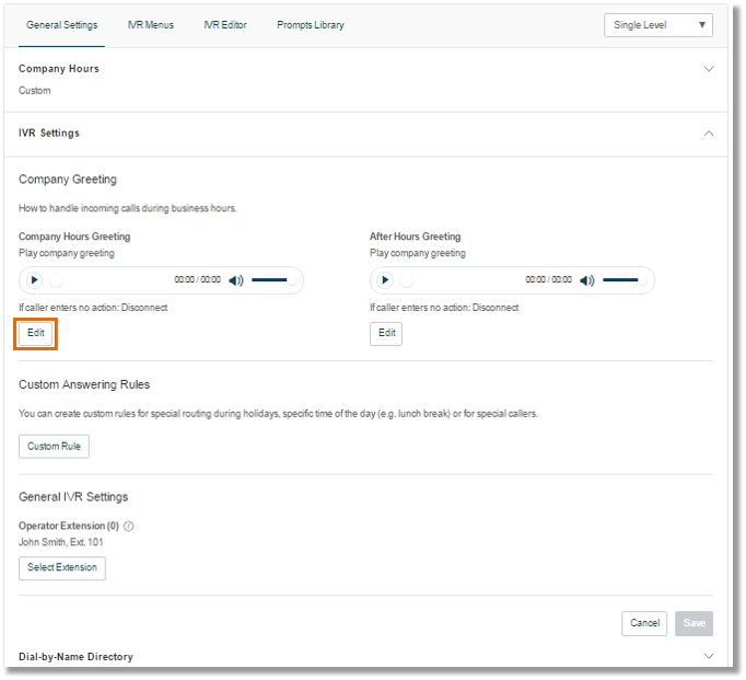 Choose between Company Hours or After Hours, and then click Edit.