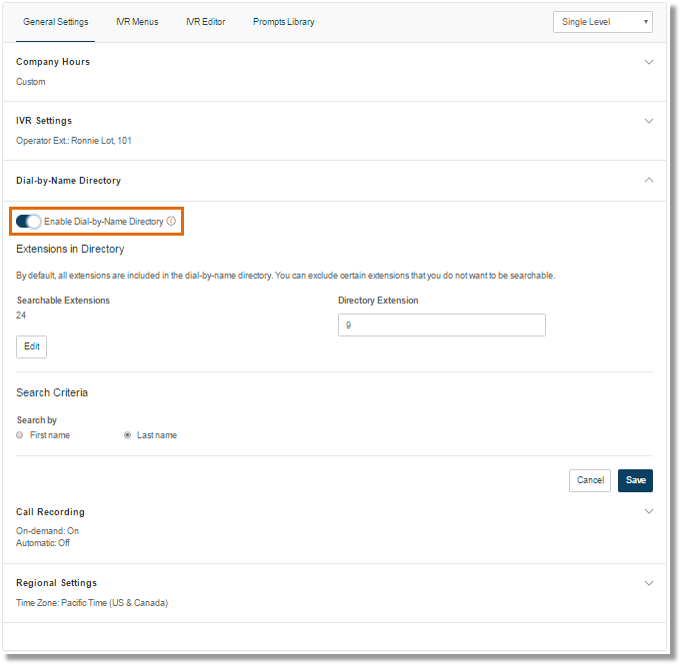 Enable or disable the Dial-by-Name directory