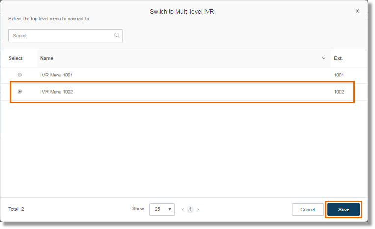 Select the top level IVR Menu where you want to connect your company calls to, then click Save.