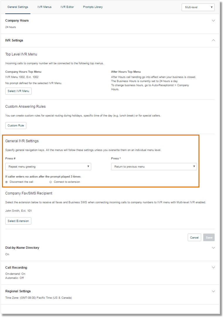 Under the General IVR Settings, you can configure the actions for general navigation keys.