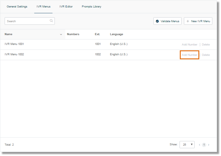 On the IVR Menu list, click Add Number.