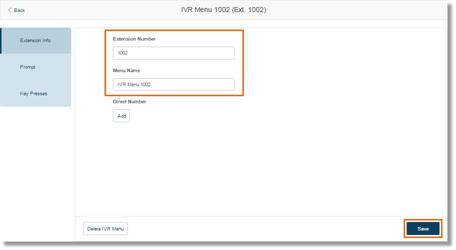 Change the Extension Number and/or Menu Name, then click Save.