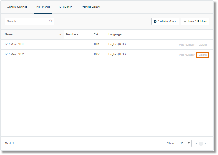Click Delete across the IVR menu that needs to be deleted.