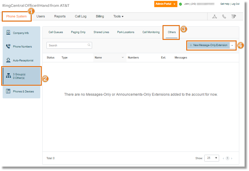 On your AT&T Office@Hand online account, go to Phone System > Groups > Others. Click + New Message-Only Extension.