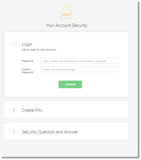 Setup the Password, PIN and Security Question.  Click Done.