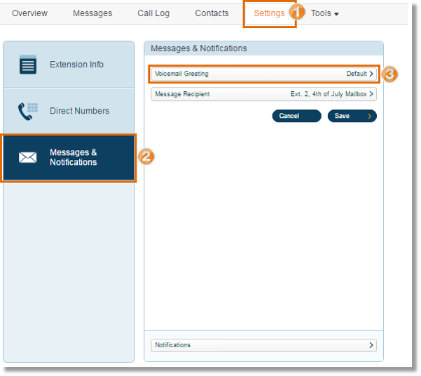 Click Settings > Messages & Notifications > Voicemail Greeting.