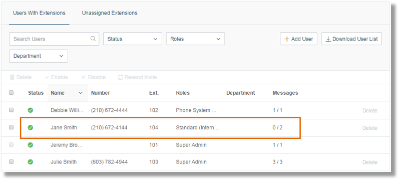 Click the name of the User whose Call Screening settings need to be configured.