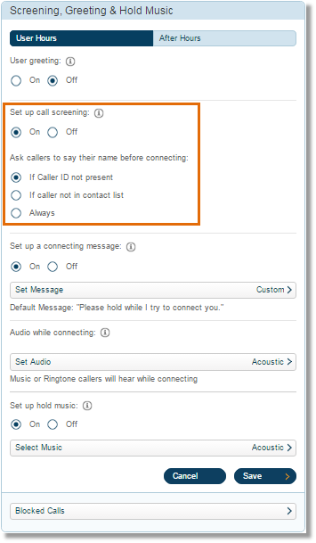 The Screening, Greeting & Hold Music settings are displayed. The call screening options are right in the middle part of the screen.