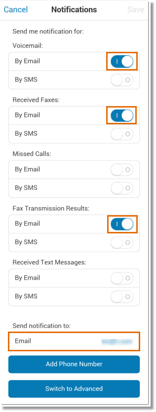 Select messages you need email notifications for.