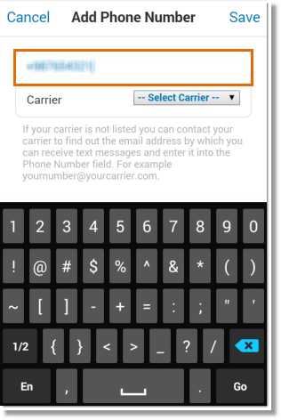 Enter the mobile number where you want SMS notifications sent to and then tap Select Carrier.