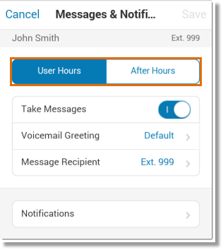 Select User Hours to configure your business hours of operation.  To configure your After Hours settings, tap the corresponding button.