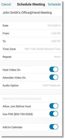 The Schedule Meeting screen appears next. Here, you can schedule your upcoming meeting and customize the settings.