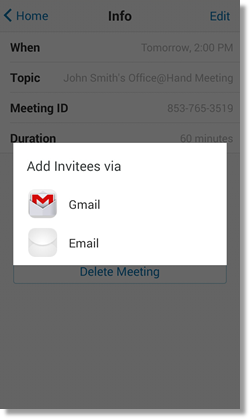 You will be given the option to send invites for your scheduled meeting. To skip, just tap anywhere (not on the pop-up window).