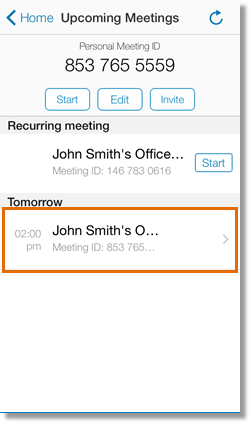 The Upcoming Meetings screen displays a list of all your upcoming meetings