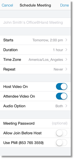 The Schedule Meeting screen appears next. Here, you can schedule your upcoming meeting and customize the settings.