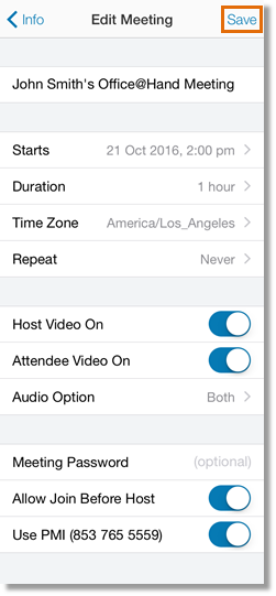 Review the meeting details, then change the information that needs to be modified. Tap Save.