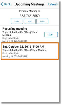 The Upcoming Meetings screen displays a list of all your upcoming meetings. To