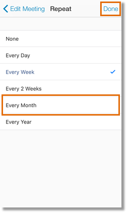 Select a meeting recurrence, then tap Done.