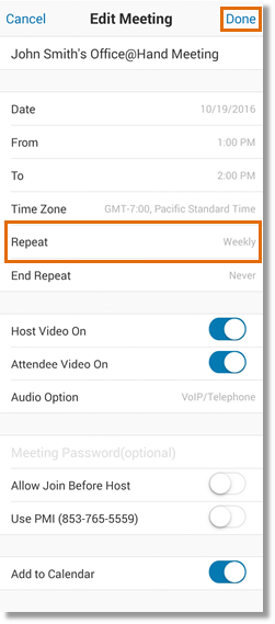 Review your meeting details. Change the rest of the information that needs to be modified. Tap Done.