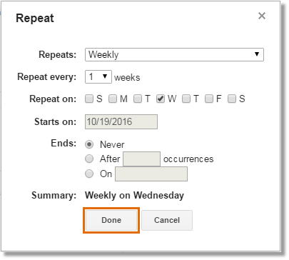 Set your recurring meeting options: Repeats, Repeat every, Repeat on, Starts on, Ends, and Summary. Click Done.
