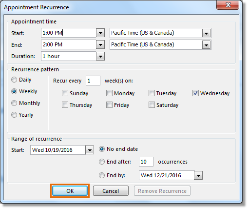 Set your recurring meeting options: the Appointment time, Recurrence pattern, and Range of recurrence. Click OK.