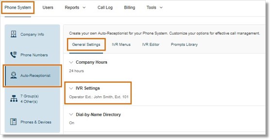 Go to Phone System > Auto-Receptionist > General Settings > IVR Settings.