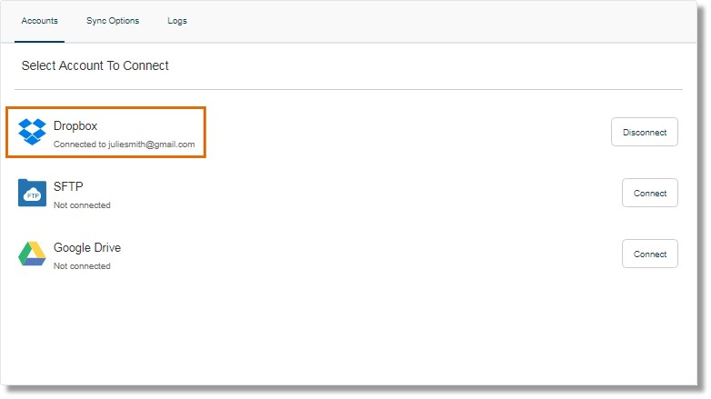 Dropbox will be displayed as connected once authorized.