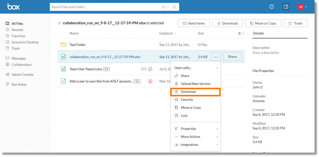 Download a file or folder in the Box from AT&T web portal - Asecare