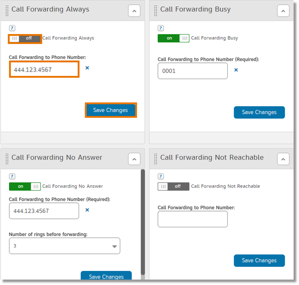 Select the number of times the phone should ring before forwarding a call (between 0 and 10 times) (if applicable). Click Save Changes.