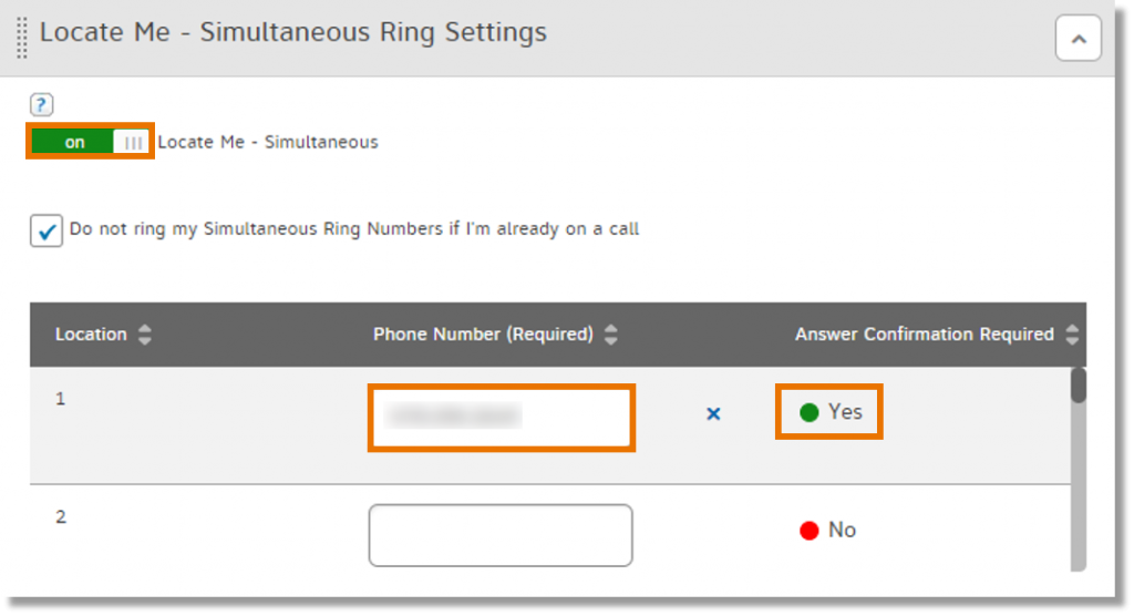 To turn on answer confirmation, for each phone number click No. Yes appears and the button changes from red to green.