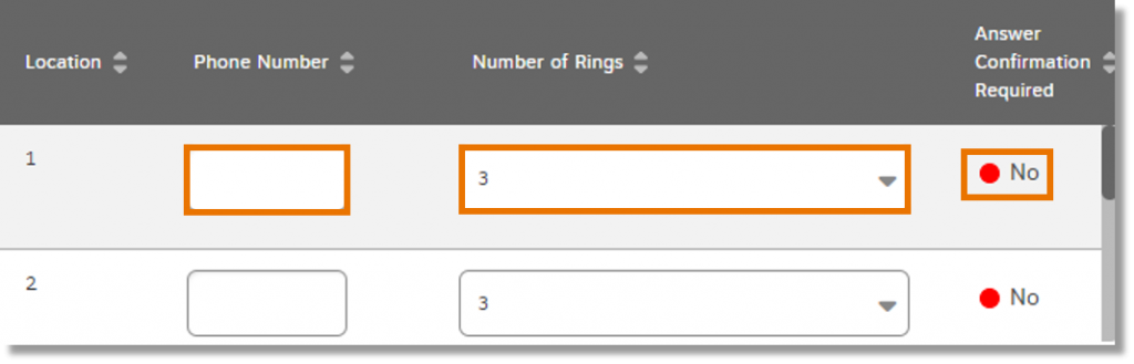 To turn on answer confirmation for each phone number, click No. Yes appears and the button changes from red to green.