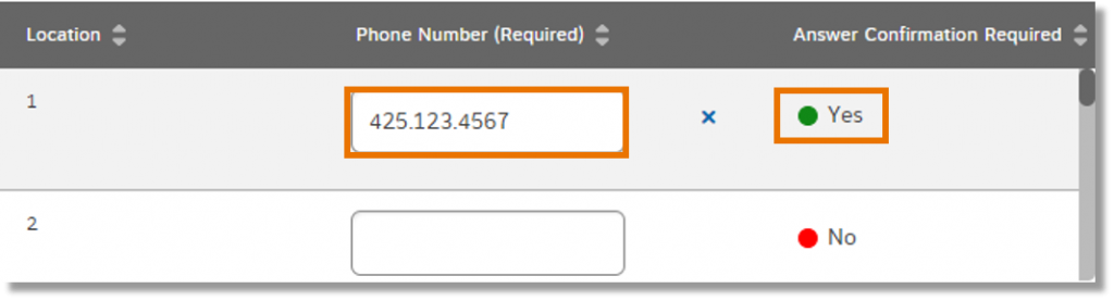 To turn on answer confirmation, to the right of the phone number, click No. Yes appears and the button turns from red to green.