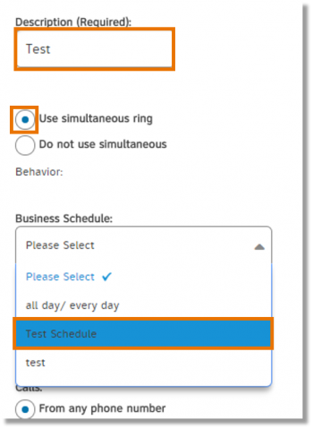 Enter a description, select an action, and then select schedules (Business and Holiday).