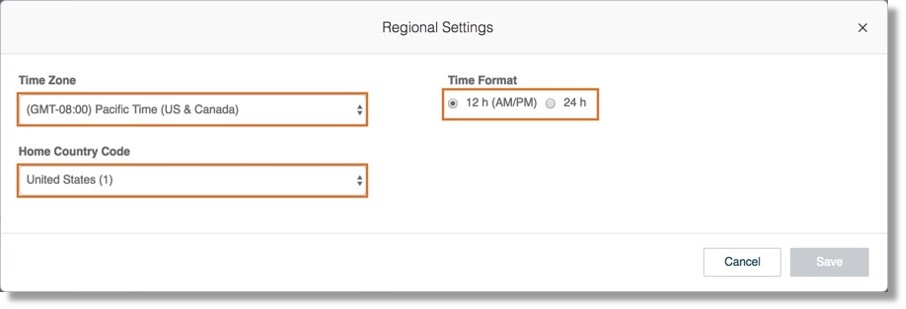 Configure your Time Zone, Home Country Code, and Time Format. Click Save to save your settings.