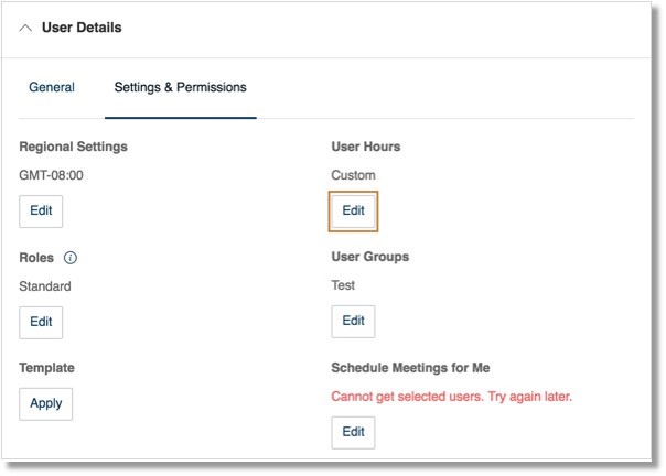 Go to User Details > Settings & Permissions and click Edit under User Hours.
