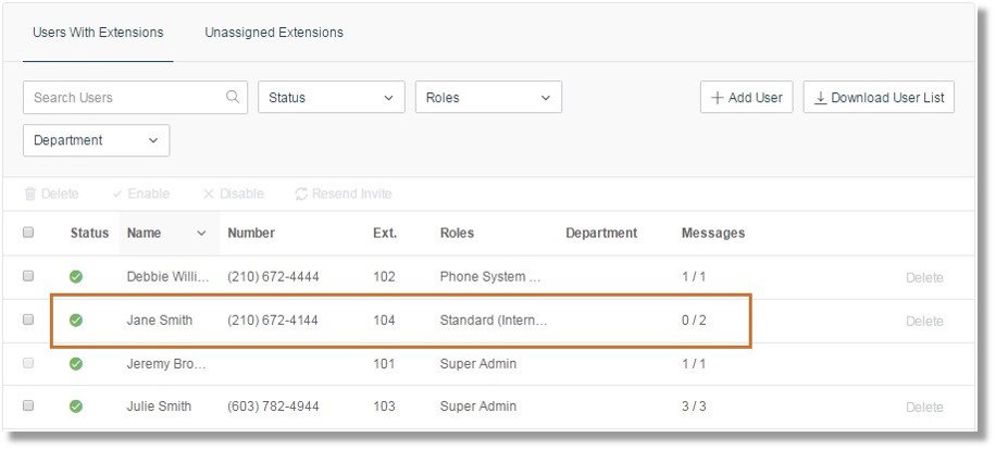 Click the name of the User that needs to have a Direct Number added or deleted.