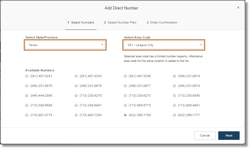 Select a State/Province, then select an Area Code.