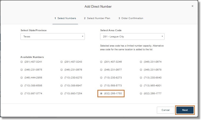 Select your preferred Direct Number, then click Next.