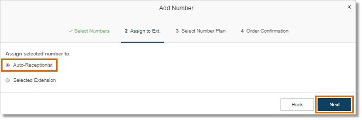Assign the number to the Auto-Receptionist or a selected extension, then click Next.