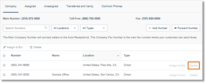 Click Delete on the number that needs to be deleted.