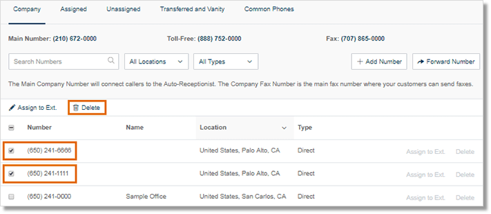 To delete several numbers, select the numbers to be deleted, then click the Delete button.